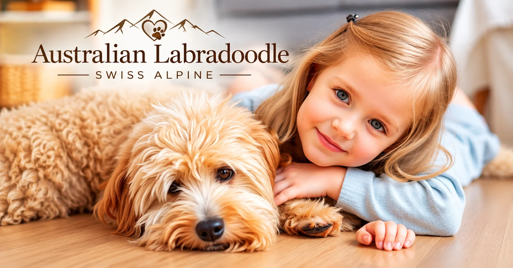 Kleines Mädchen liegt lächelnd neben einem Australian Labradoodle auf dem Boden
